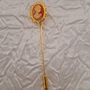 Vintage Gold Tone Cameo 2 3/4" Long Hat Pin Stick Pin
